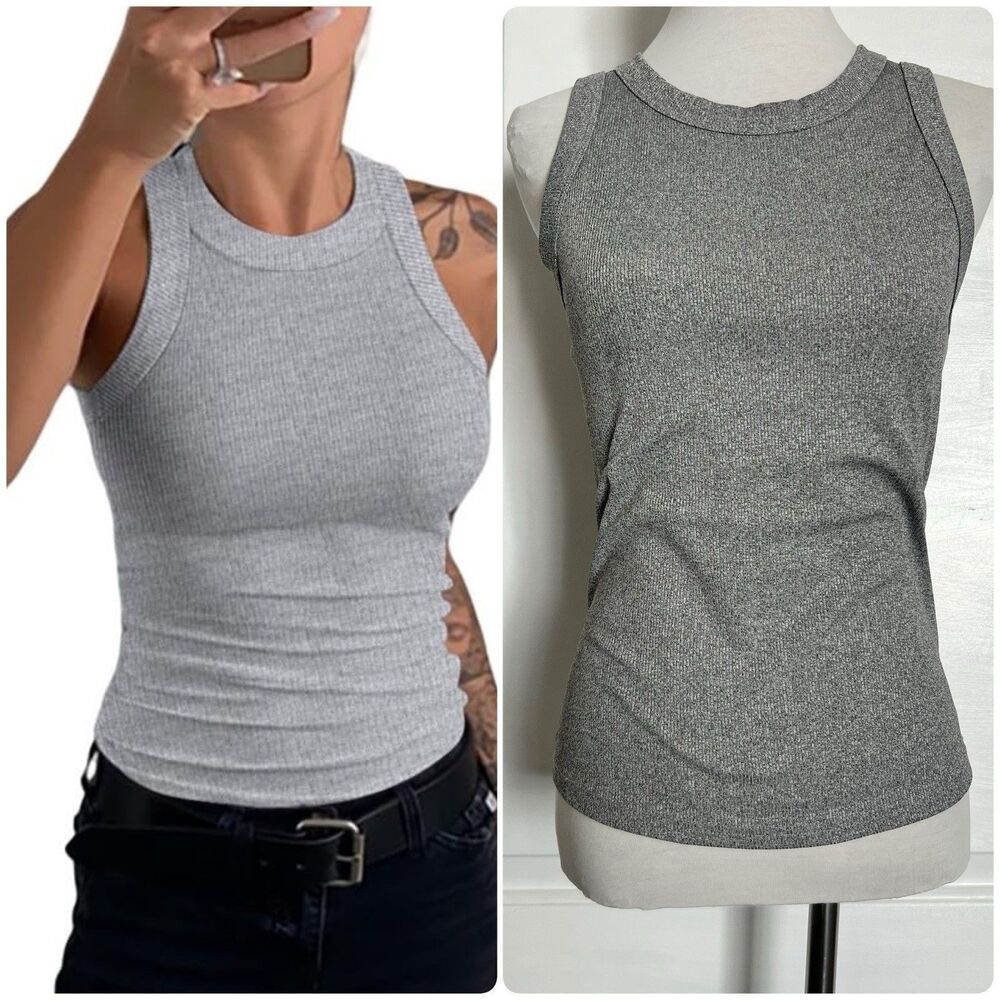 Los Angeles Boutique Casual Stretch Sleeveless Tank Top High Neck Gray Ribbed M